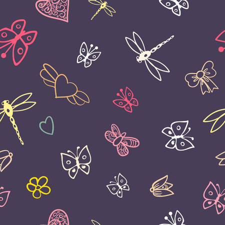 butterflies,flower and hearts seamless pattern, vectorのイラスト素材