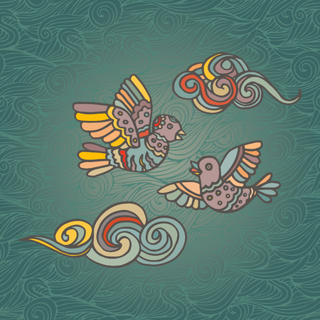Hand-drawn illustration of two flying birds and clouds decorative. Eps-8.のイラスト素材
