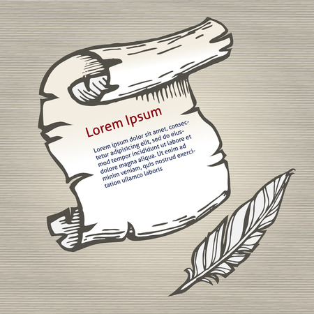 Parchment with space for text and quill pen writing,   sketch vector illustration.  Eps-8.のイラスト素材