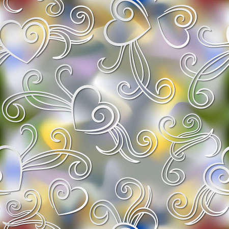 Stylish shined colorful background seamless pattern with white 3d cut paper hearts for Day Valentine. Eps-8.のイラスト素材