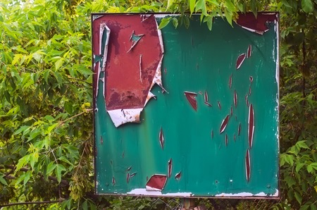 Old notice board, standing on a street among the foliage.の写真素材