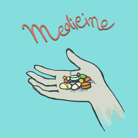 a handful of multi-colored pills in the palm of your hand. Sketched art. illustration with color, drawn on linedのイラスト素材