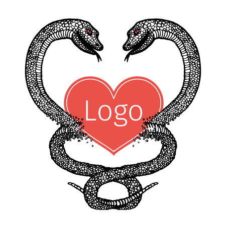 hand drawn sign in the form of two intertwined black and white snakes and red hearts.のイラスト素材