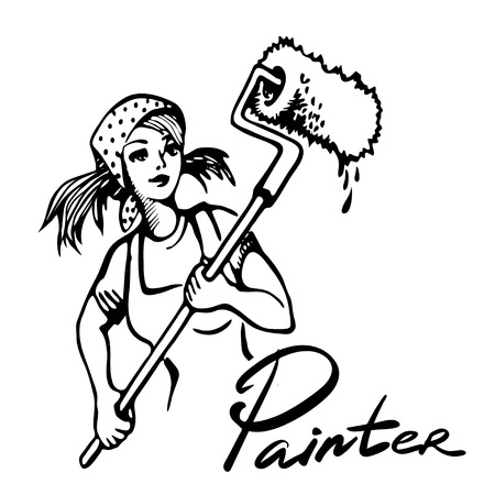 Young girl doing repairs in apartments. Sketches concept of repairs. Wallpapering, painting walls, plastering, painting floors vector illustration. Repair work on house.のイラスト素材