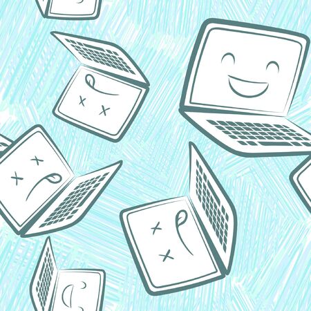 Hand-drawn pattern with sad laptops and netbooks, and laser discs.