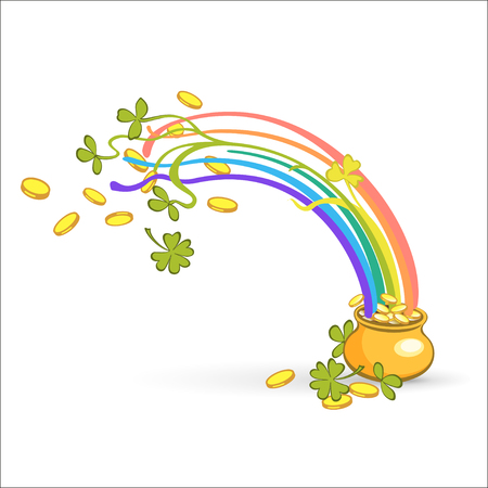 Rainbow, green leaf lucky clover and pot full of gold. Vector illustrationのイラスト素材