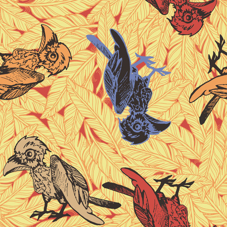 Vector seamless pattern with hand drawn vector doodle colored crow on background with feathers. Eps-8のイラスト素材