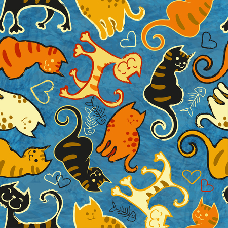 Seamless pattern with cute cartoon doodle cats on blue background. Little colorful kittens. Funny animals. Children's illustration. Vector image. Eps-8のイラスト素材