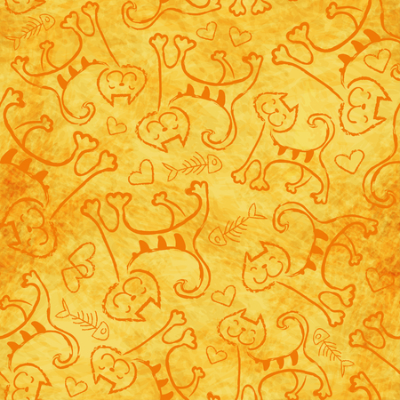 Seamless pattern with cute cartoon doodle cats. Funny yellow animals background. Children's illustration. Vector image. Eps-8のイラスト素材