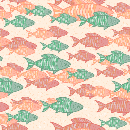 Vector seamless background with hand drawn orange and green fish. Eps-8のイラスト素材