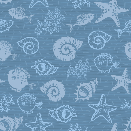 Hand drawn vintage sea background with underwater inhabitants Seamless texture of fish, sea grass, shells and starfish. Vector illustration. EPS-8のイラスト素材