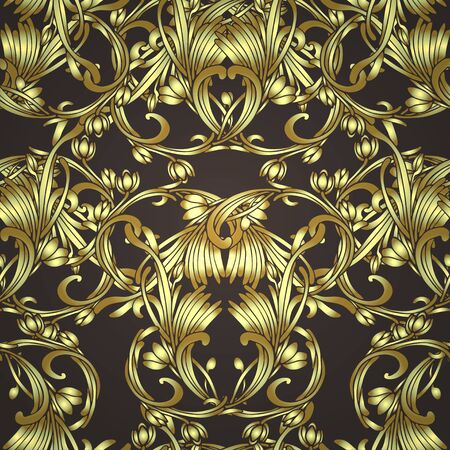 Damask seamless ornament. Traditional vector pattern. Classic oriental dark and golden backgroundのイラスト素材