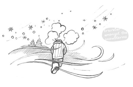 Hand drawn man walking away in the cold frosty day. Vector sketched art.の写真素材