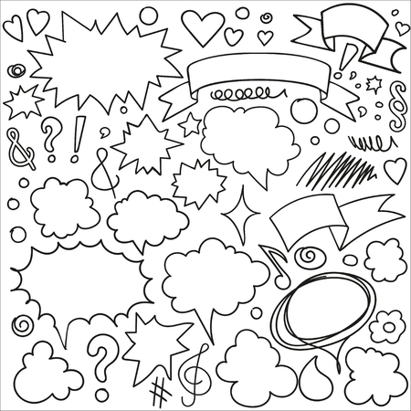 Set of 3d hand drawn icons: check mark, star, heart, speech bubbles.のイラスト素材