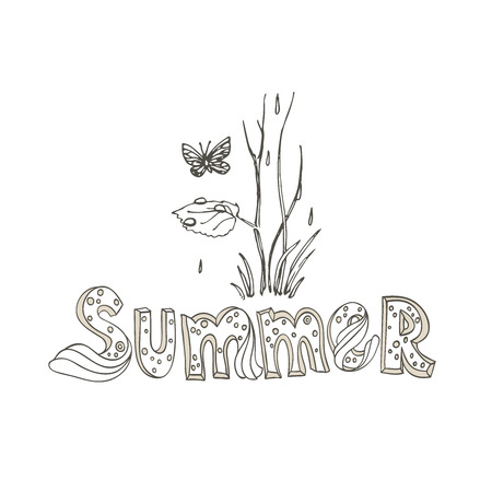A Butterfly and tree sprout in the rain. Summer lettering. Eps-8.