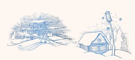 Hand drawn sketch. Winter fairy house outside. Pine forest and snow. Vector illustration. Template for Merry Christmas card. Christmas and New Year design elements.のイラスト素材