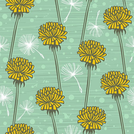 Doodle hand drawn dandelion flowers on blue. Vector seamless minimalistic pattern. Endless pattern for wallpaper, pattern fills, web page background, textures. Hand drawn, botanyのイラスト素材