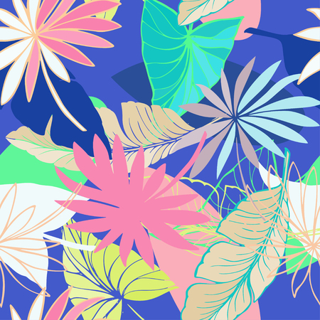 Vector seamless beautiful artistic bright tropical pattern with banana, Syngonium and Dracaena leaf, summer beach fun, colorful original stylish floral background print, fantastic forestのイラスト素材