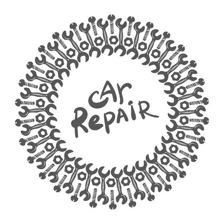 Round emblem with a spanner and inscription - car repair. Vector illustration.のイラスト素材