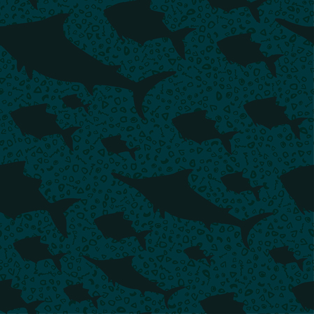 Seamless background of drawn sketches of fish. Blue hand-drawn illustration.のイラスト素材