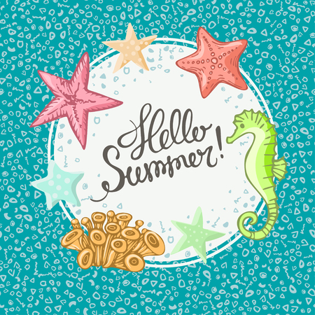Summer time poster with starfish and seahorse and inscription - Hello summer. Vector illustration.のイラスト素材