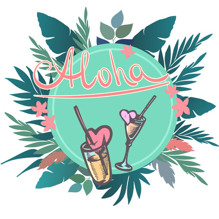 Summer tropical background with exotic palm leaves, plants, cocktails, hearts with a inscription - Aloha. Vector floral backgroundのイラスト素材