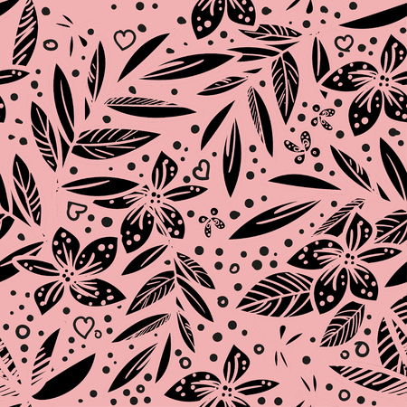 vector seamless beautiful artistic tropical pattern with tropical leaf, summer beach fun, black and white original stylish floral background print.のイラスト素材