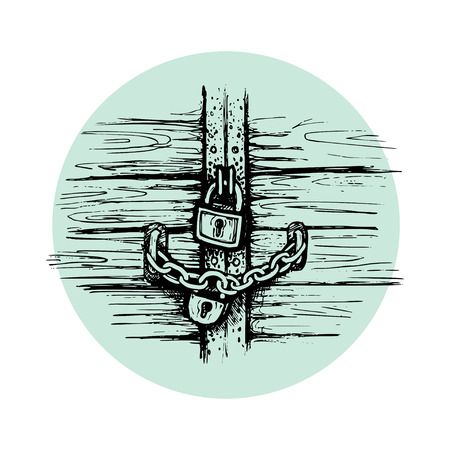 Castle Gate | Vector illustration with old vintage arabic medieval tower entrance with padlock and grey brick wallのイラスト素材