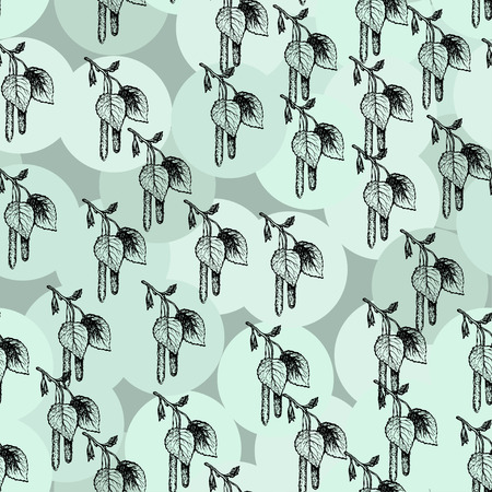 Vector seamless background with hand drawn birch branch with catkins. Doodle floral design eornament. Handmade tree branch with leavesの写真素材