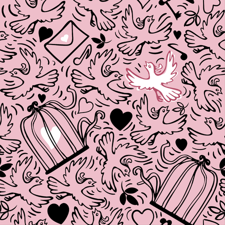 Birds with heart and flowers. Hand-drawn seamless patternのイラスト素材