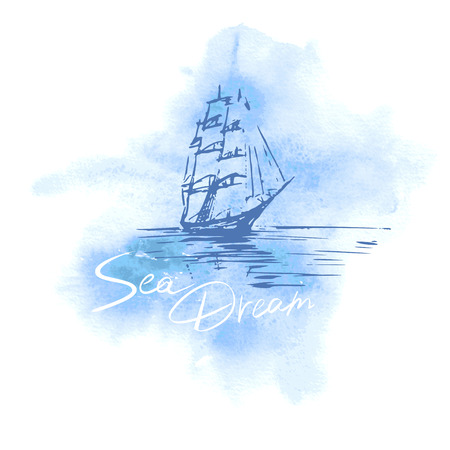 Vector hand drawn sailing ship on blue watercolour backgroundのイラスト素材