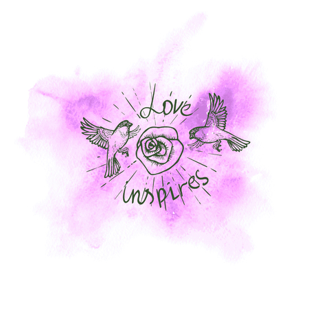Two birds flying around the shining rose and the inscription Love inspires on a pink watercolor backgroundのイラスト素材