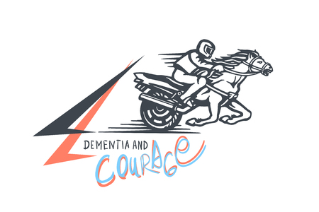 Vector emblem with a rider on a horse, motorbike and inscription.のイラスト素材