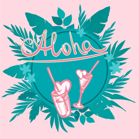Summer tropical background with exotic palm leaves, plants, cocktails, hearts and inscription - Aloha. Vector illustration. Vector floral background.のイラスト素材