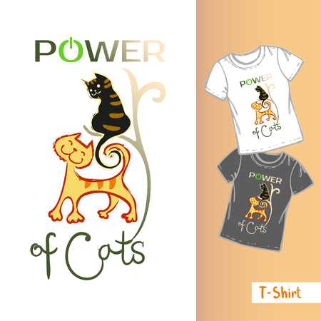 Vector line t-shirt template.Three hand drawn funny cats and the inscription Exellent POWER OF CAT.のイラスト素材