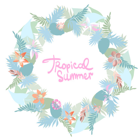 Summer tropical background with exotic palm leaves and plants. Vector floral background.のイラスト素材