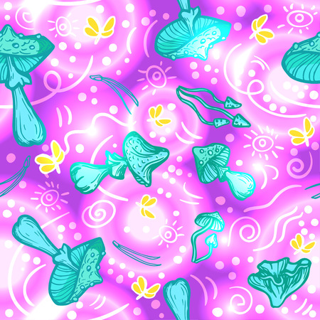 Seamless vector background with mushrooms, needles and moths. Amanita fly agari.のイラスト素材