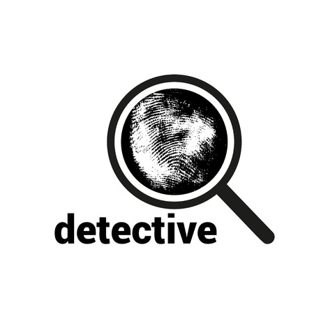 logo with magnifier, fingerprint and inscription. Investigation by fingerprint magnifier, crime. Loupe is a detective tool, single icon in black style symbol stock illustration webの写真素材