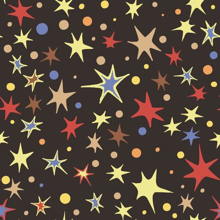 Colorful vector seamless pattern with yellow, red, brown and blue stars on dark background for baby and kid designs.のイラスト素材