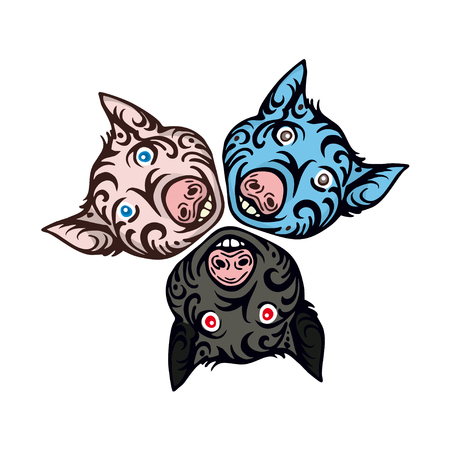 3 vector cartoon pig face with stylized patternsのイラスト素材