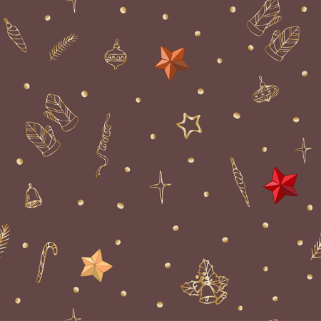 Cute seamless pattern with beautiful hand drawn stars and gold winter elements. Vector doodle illustration. Cloth design, wallpaper, wrappingのイラスト素材