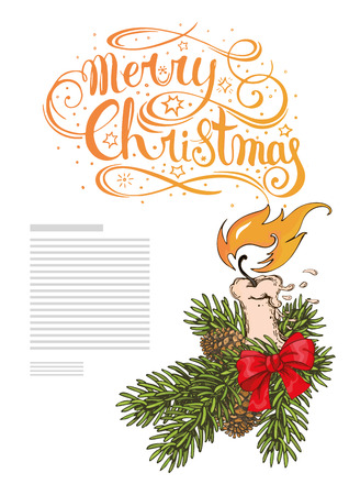 Template vertical greeting card or ad with fir branch, candle, bow and the inscription Happy Christmas.のイラスト素材