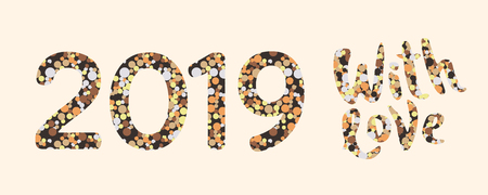 2019 A Happy New Year xmas greetings. Holidays colored background, bubbles shape pattern. Funny digits, isolated numbers template. Percent off idea, colored letter O, 0 zero null symbol.のイラスト素材