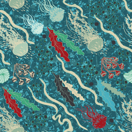 Hand drawn seamless vector background with with sea plants, jellyfish and air bubbles.の写真素材