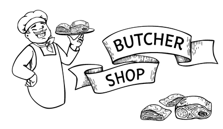 Happy butcher holding a tray with a piece of meat vector cartoon. Ribbon banner with lettering Butcher shopのイラスト素材