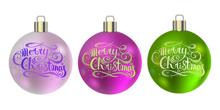 Set of realistic Christmas balls. Pink and green Christmas balls with handwritten lettering. New Year decoration. Vector.のイラスト素材