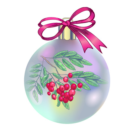 Christmas decorations, vector illustration. Red Christmas ball with row branch, berries and leaves. Fir tree branch isolated over white background.のイラスト素材