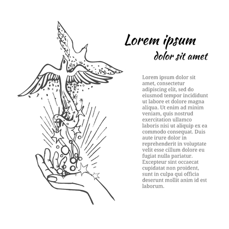 The magic bird taking off from a palm. Vector hand drawn illustrationのイラスト素材