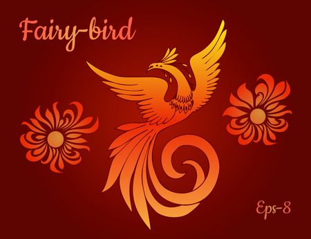 Fantastic fire bird or fire bird phoenix. Stylized image of a magic bird and sun on a red background.のイラスト素材