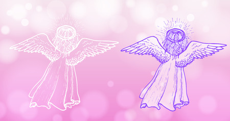 Little hand drawn angel on shining pink background. Vector illustrationの写真素材